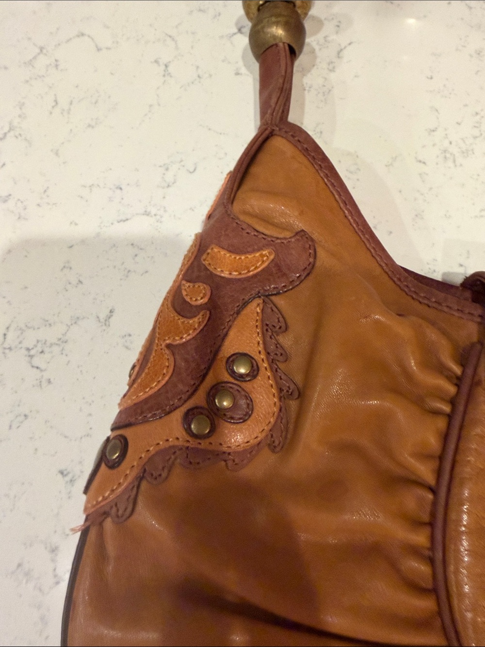 Y2K Colorful Western Brown Leather Shoulder Bag with Multicolor and Stud Flap - Picture 6 of 16
